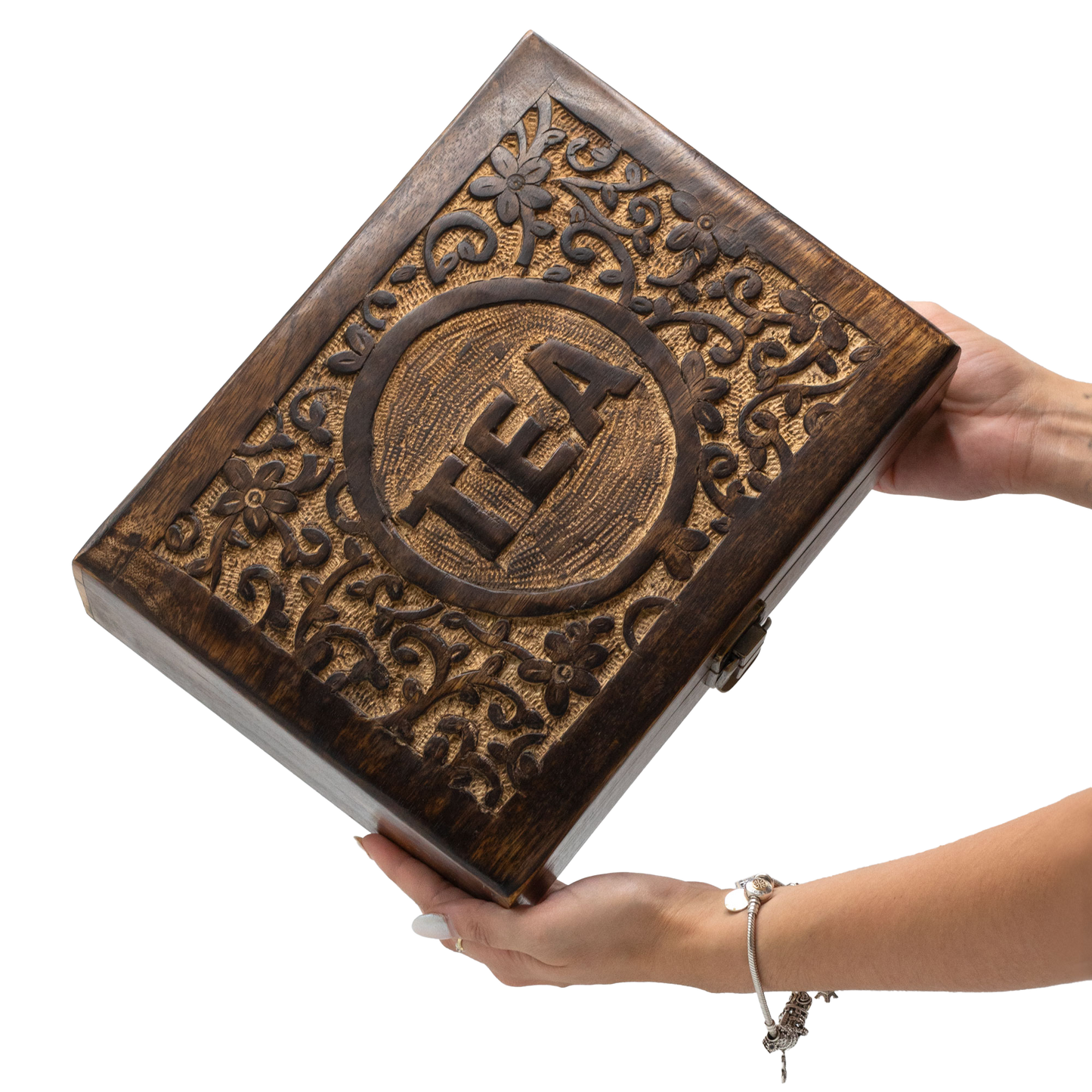 Boîte à thé sculptée en bois de manguier – 12 compartiments (30 × 23 × 10 cm)