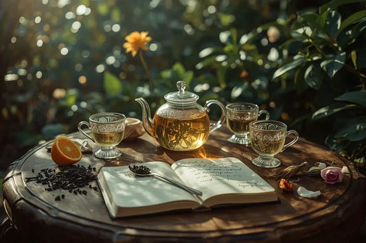 Synergie des plantes : théière en verre, tasses de thé et carnet de recettes pour créer des mélanges d'infusions équilibrés.