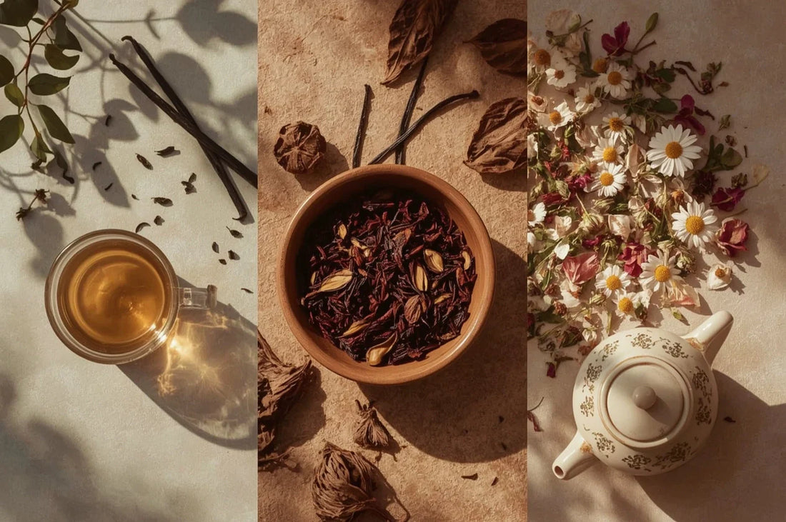 Comparaison visuelle entre thé, infusion de plantes et rooibos : textures et couleurs des feuilles sèches et liqueurs.