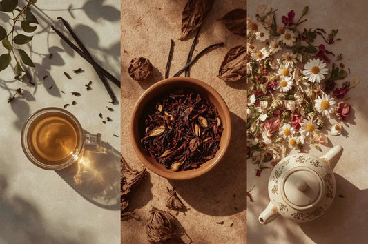 Comparaison visuelle entre thé, infusion de plantes et rooibos : textures et couleurs des feuilles sèches et liqueurs.