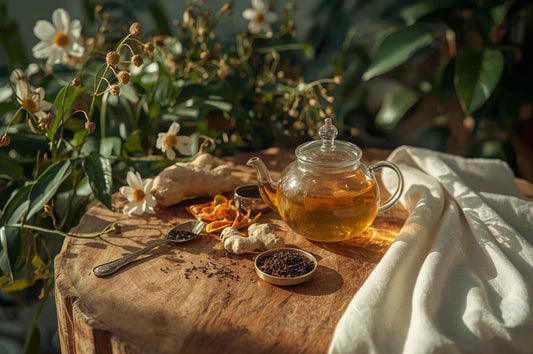 Thé idéal personnalisé : infusion artisanale avec gingembre frais, fleurs blanches et plantes naturelles Rêves en Feuilles.