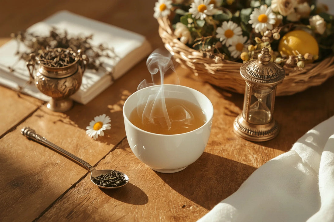 Comment préparer le thé en vrac : tasse fumante, sablier de précision et cuillère de feuilles de thé noir pour une infusion parfaite.