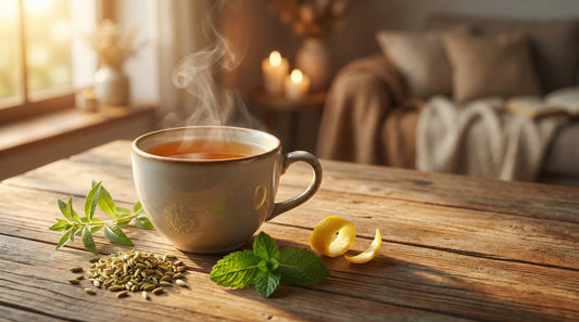 Tisane après repas digestive : tasse de thé fumante avec graines de fenouil, menthe fraîche et zestes de citron.