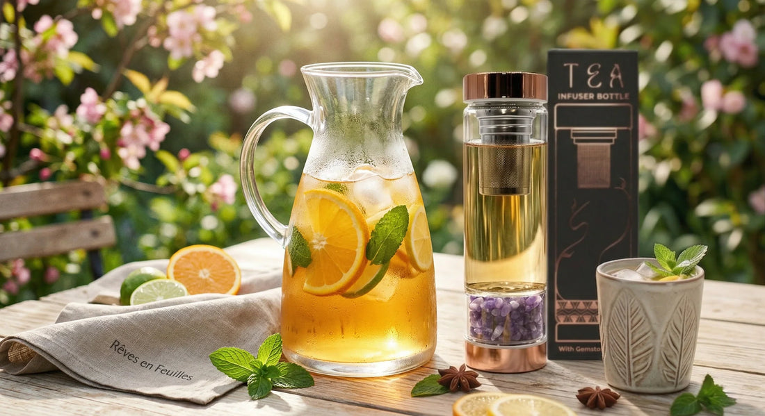 Thé glacé maison infusé à froid dans une carafe avec oranges fraîches et menthe Rêves en Feuilles.
