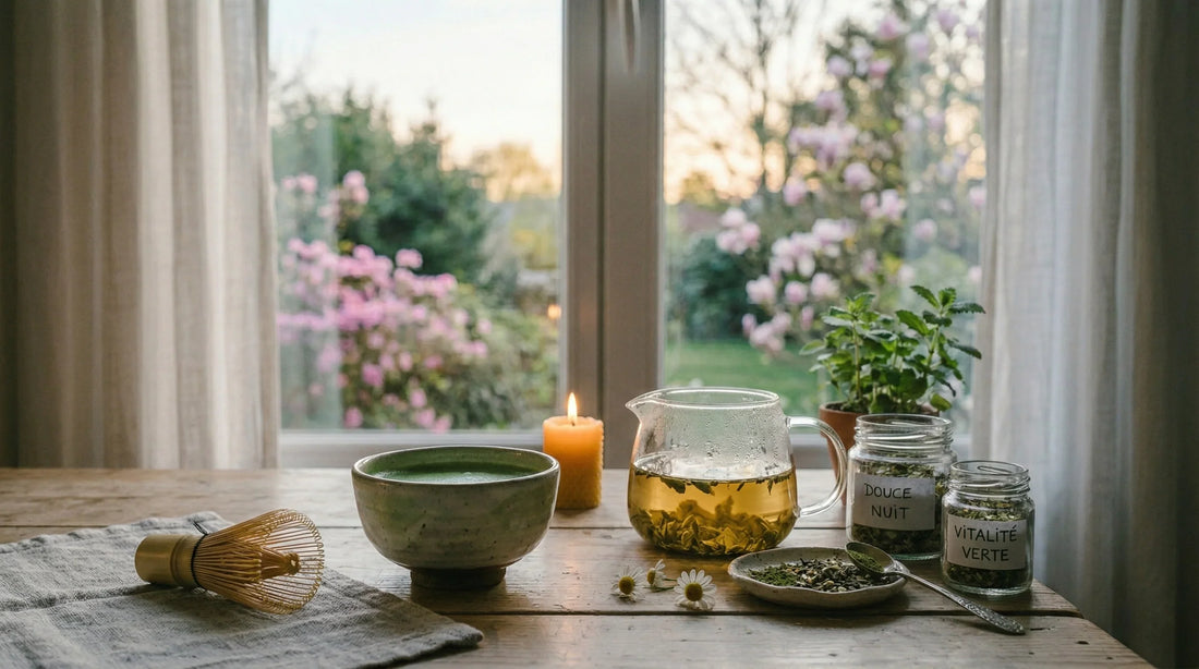 Alternative naturelle au café : bol de thé matcha et maté pour une énergie stable sans stress.