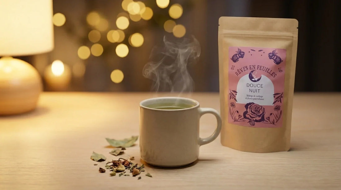 Rituel du soir : tasse de tisane fumante et sachet d'infusion Douce Nuit Rêves en Feuilles pour un sommeil réparateur.