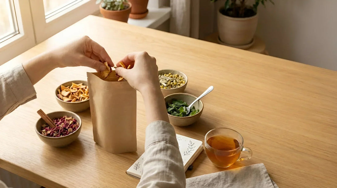 Atelier de création de thé personnalisé : remplissage à la main d'un sachet kraft avec des ingrédients naturels Rêves en Feuilles.