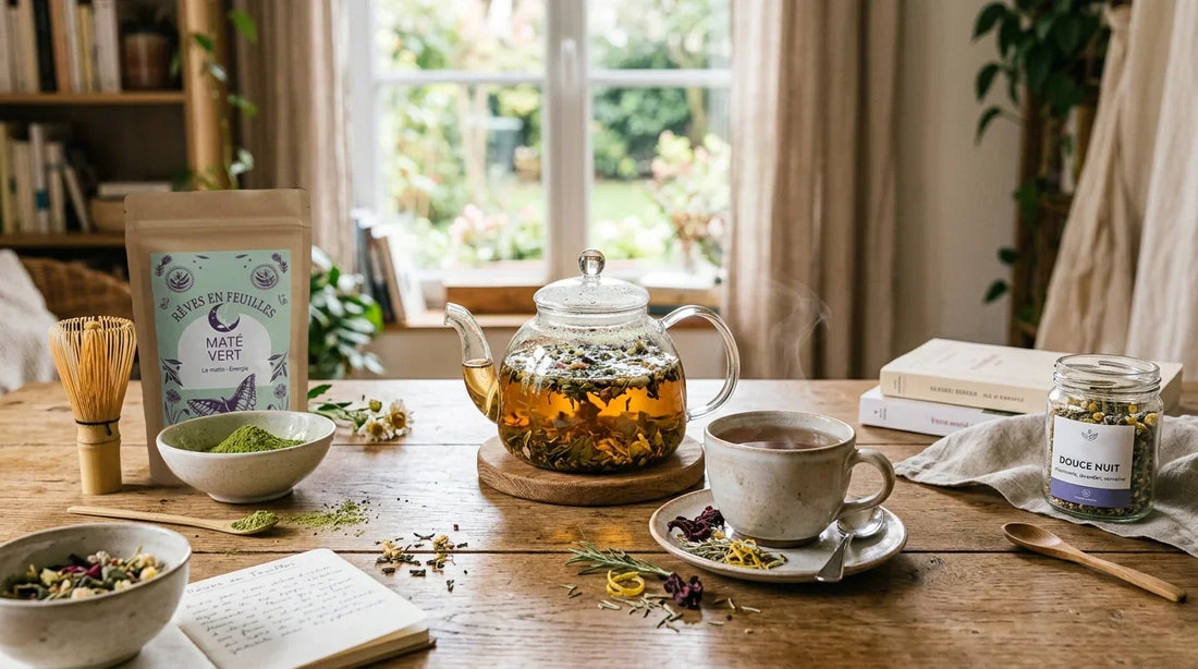 Infusion et maté bio Rêves en Feuilles sur une table en bois avec théière en verre et accessoires de cérémonie du thé.