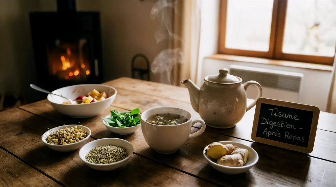 Tisane digestion après repas : rituel bien-être avec infusion de fenouil, gingembre et camomille Rêves en Feuilles.
