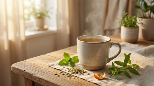 Tisane après repas digestive : tasse de thé fumante avec graines de fenouil, menthe fraîche et zestes de citron.