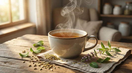 Infusion ventre plat naturelle : tasse de tisane digestive au fenouil, menthe et mélisse pour limiter les ballonnements.