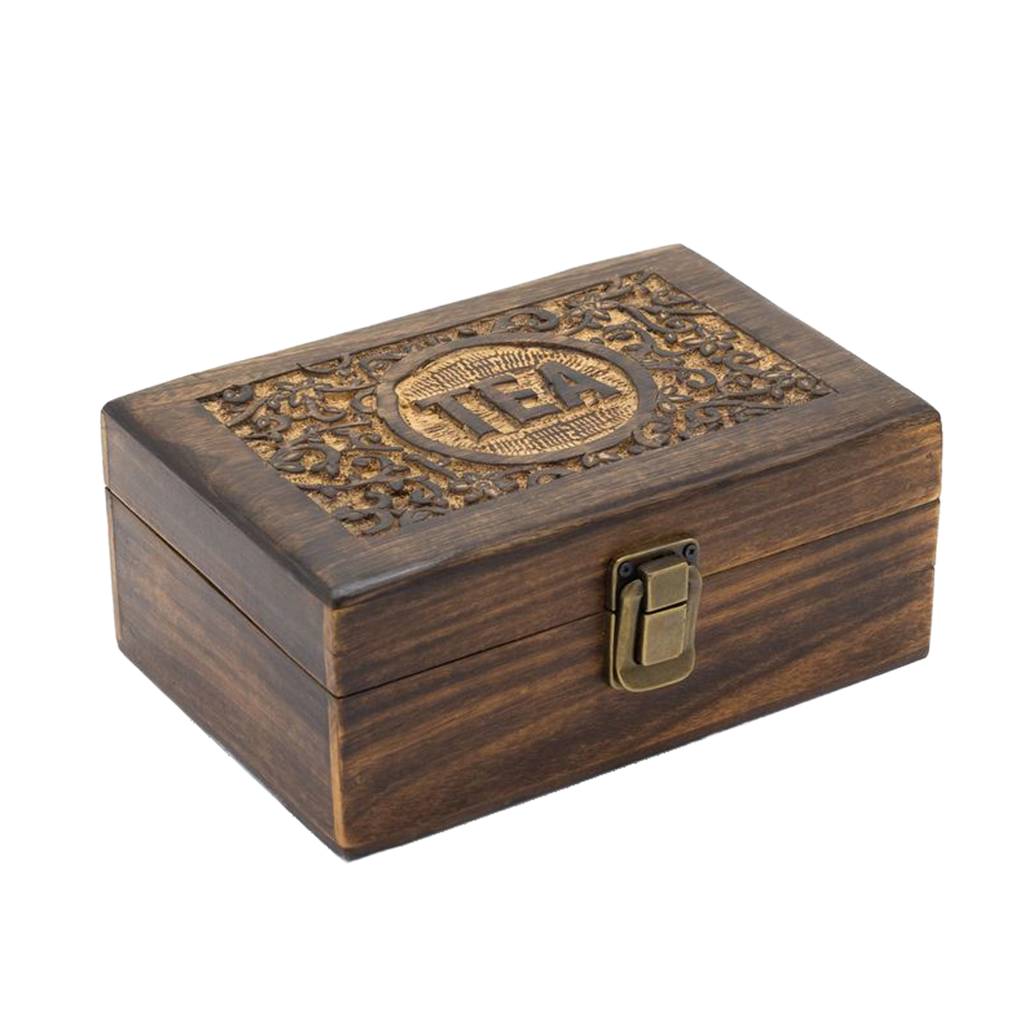 Boîte à thé sculptée en bois de manguier – 6 compartiments (23 × 15 × 9.5 cm)