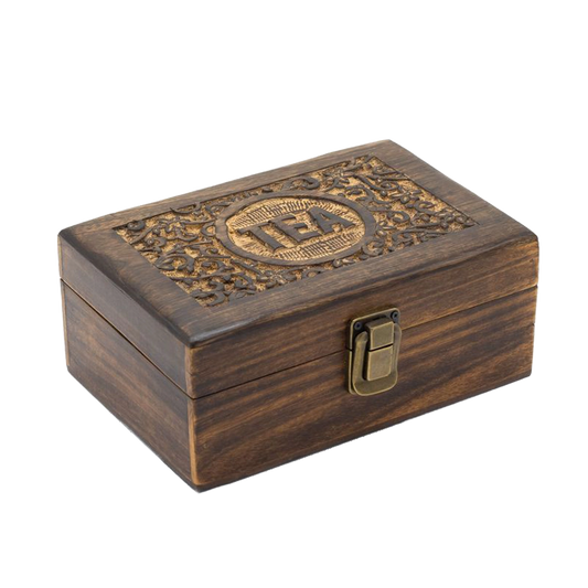 Boîte à thé sculptée en bois de manguier – 6 compartiments (23 × 15 × 9.5 cm)