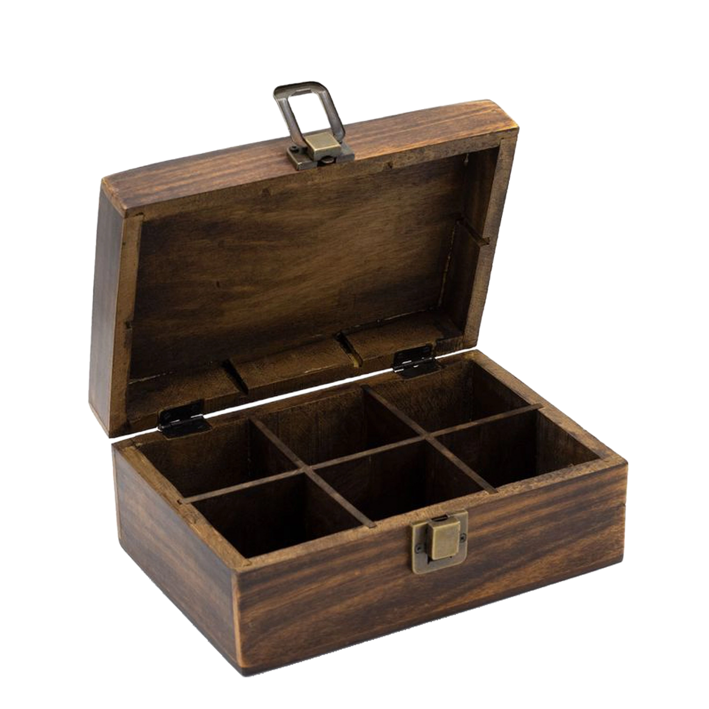 Boîte à thé sculptée en bois de manguier – 6 compartiments (23 × 15 × 9.5 cm)