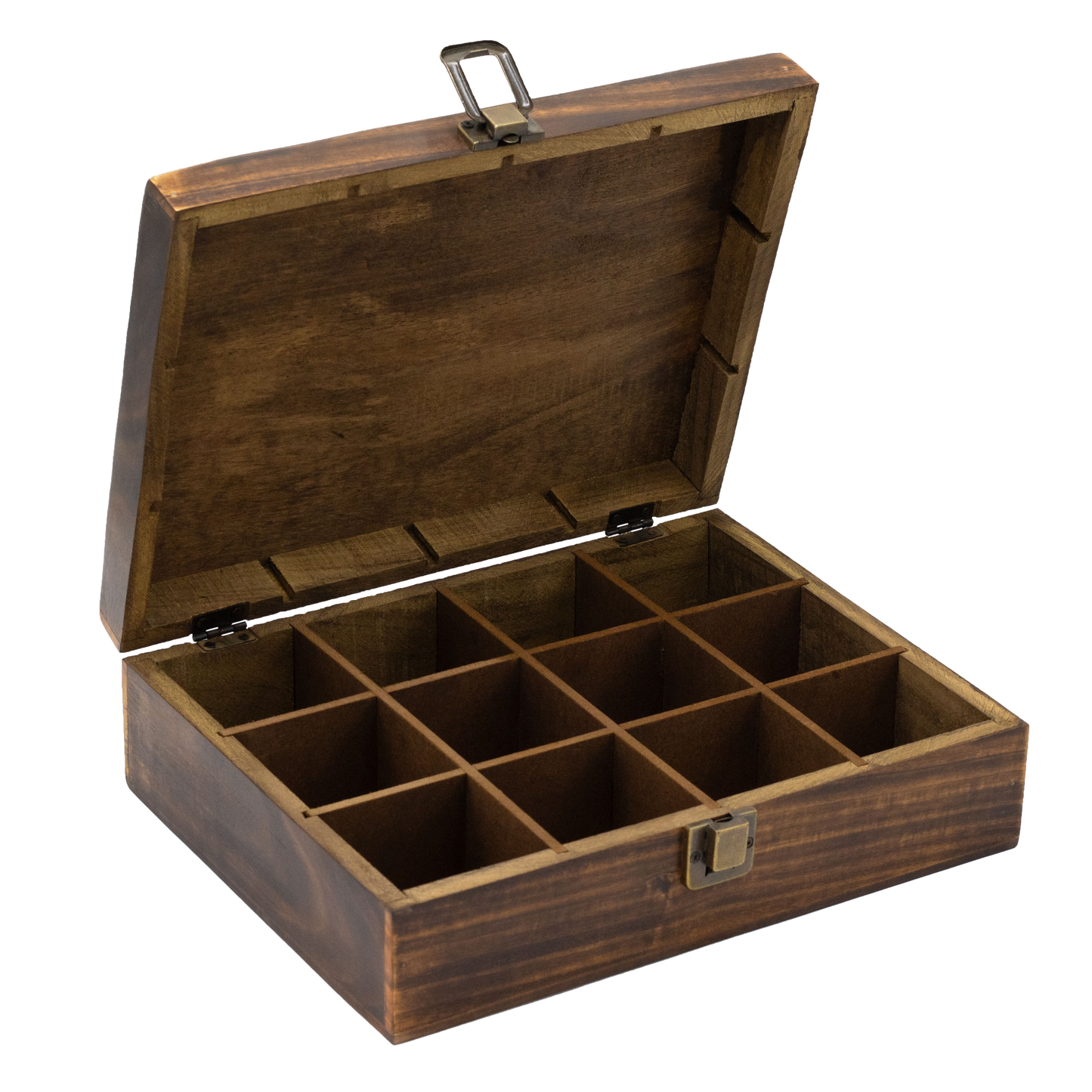 Boîte à thé sculptée en bois de manguier – 12 compartiments (30 × 23 × 10 cm)