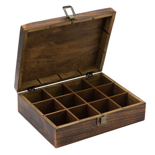 Boîte à thé sculptée en bois de manguier – 12 compartiments (30 × 23 × 10 cm)