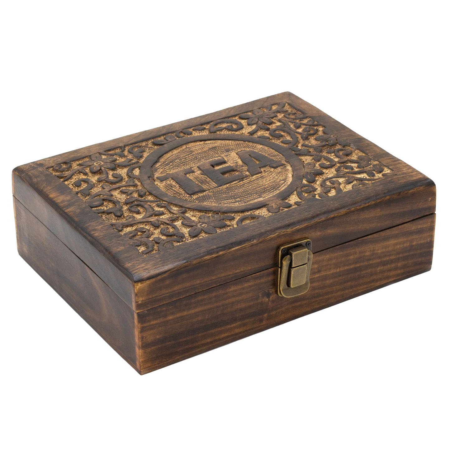 Boîte à thé sculptée en bois de manguier – 12 compartiments (30 × 23 × 10 cm)