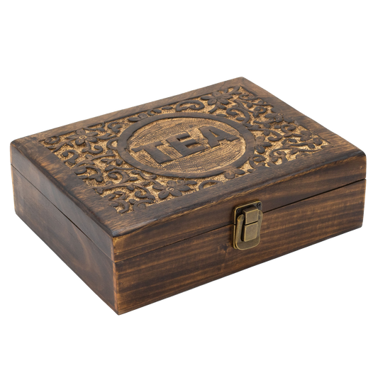 Boîte à thé sculptée en bois de manguier – 12 compartiments (30 × 23 × 10 cm)
