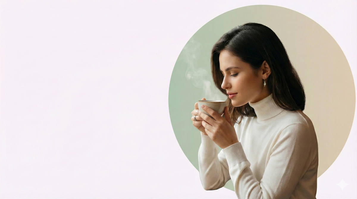 Femme portant une tasse de thé à ses lèvres, sur un fond clair.
