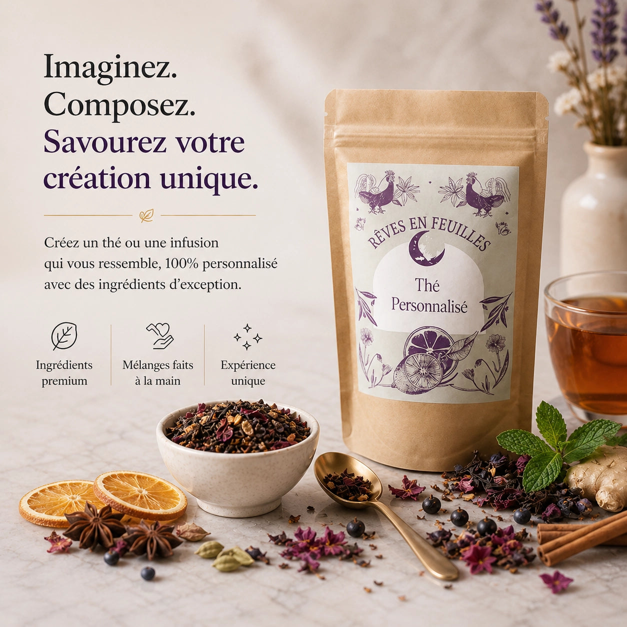 Thé personnalisé avec des orange, anis, menthe et une tasse de thé