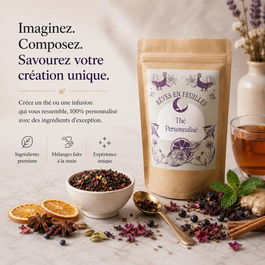 Thé personnalisé avec des orange, anis, menthe et une tasse de thé